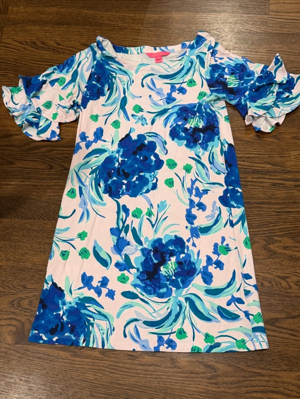 Lilly Pulitzer Floral Shift Dress Blue Green Ruffle Sleeve XS Summer Beach